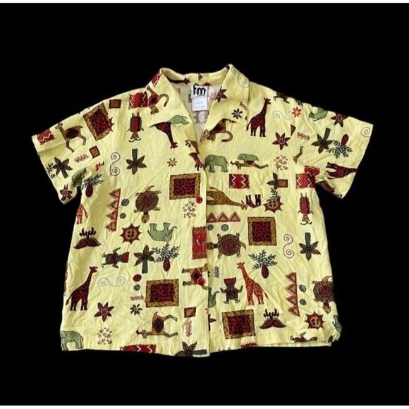 Vintage Women’s Shirt Large Button Down Yellow African Jungle Animals - Picture 1 of 6